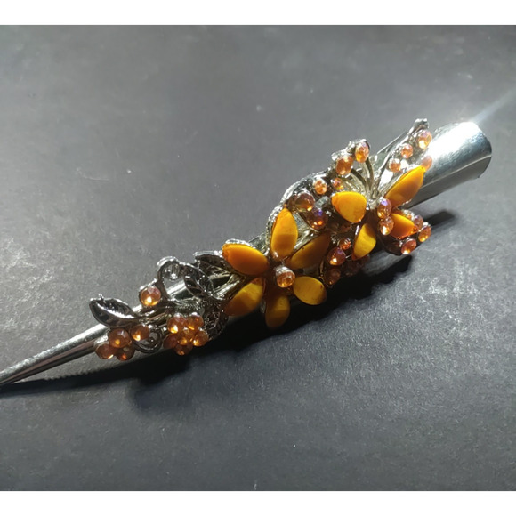 Hair Barrette Clip Large Silver Tone Orange Butterfly Flower Rhinestone - Picture 1 of 8